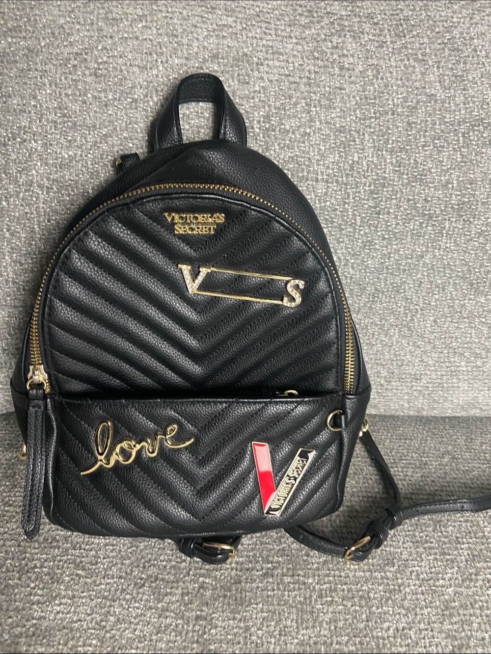 Victoria's Secret Black Quilted Mini Backpack with Gold Accents and Red Detail - Picture 7 of 10